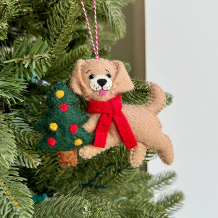 Puppy Dog with Christmas Tree Ornament, Felt Wool