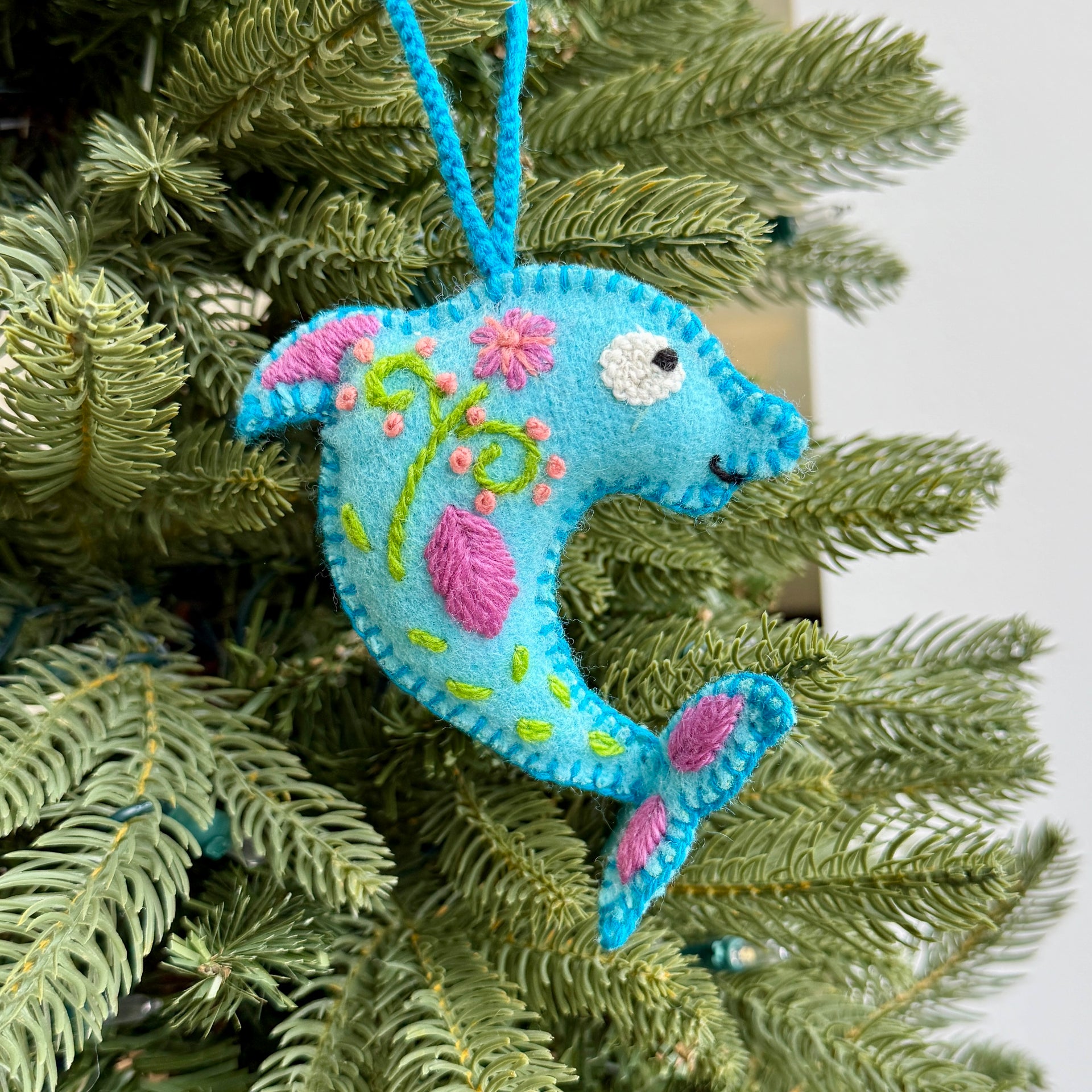 Dolphin Ornament, Embroidered Wool