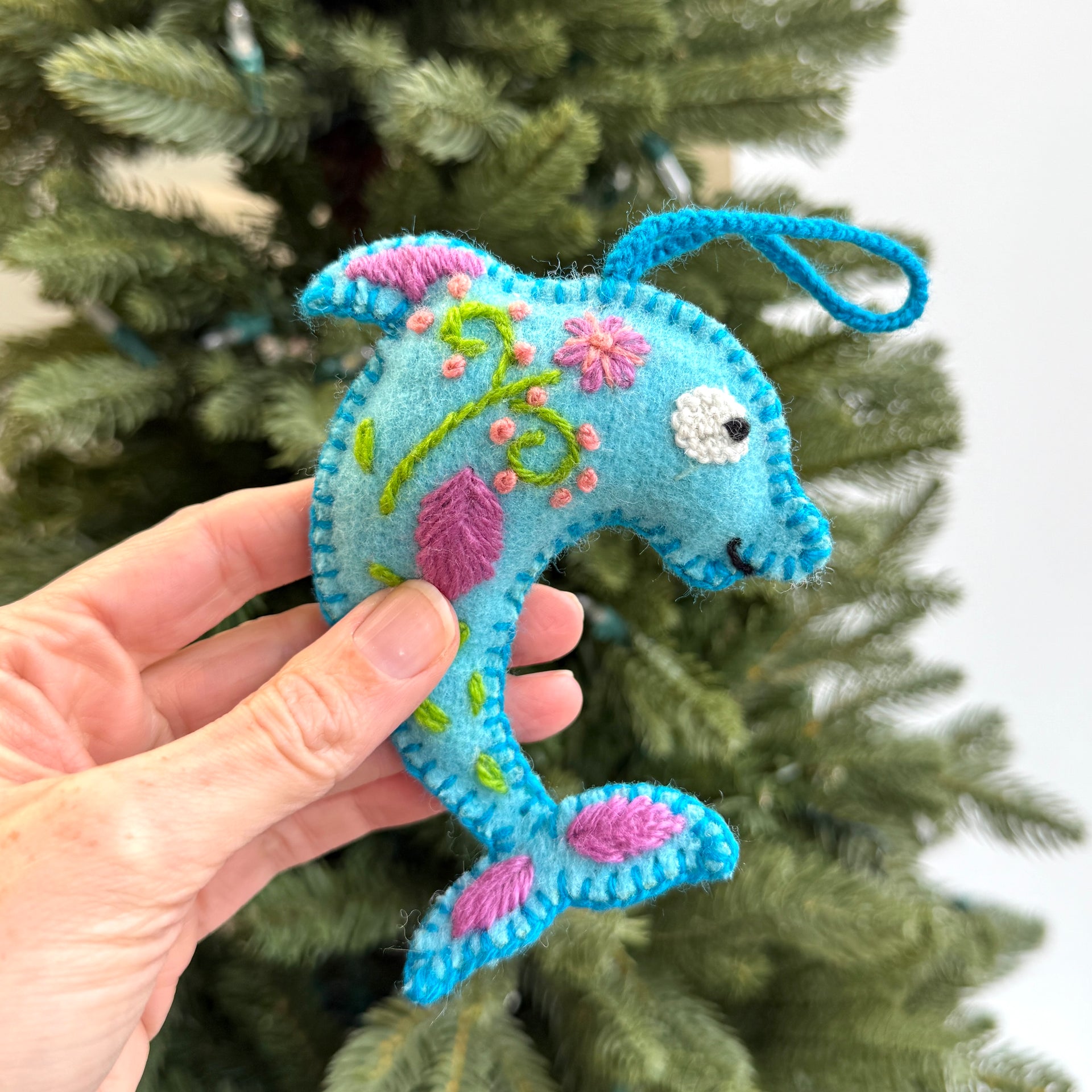 Dolphin Ornament, Embroidered Wool