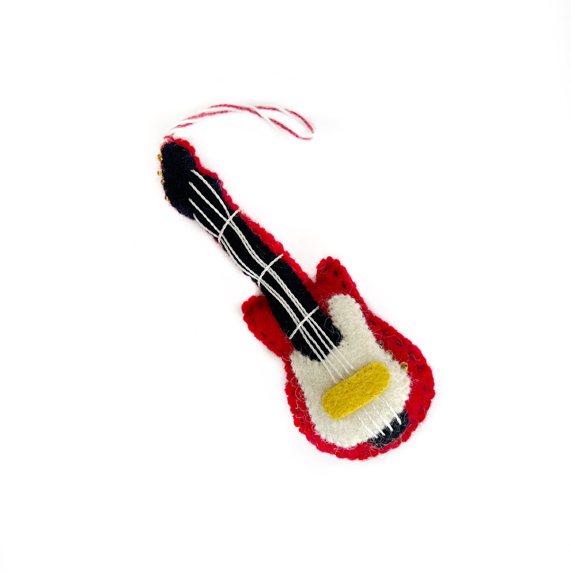 Red electric guitar Christmas ornament handmade felt wool.