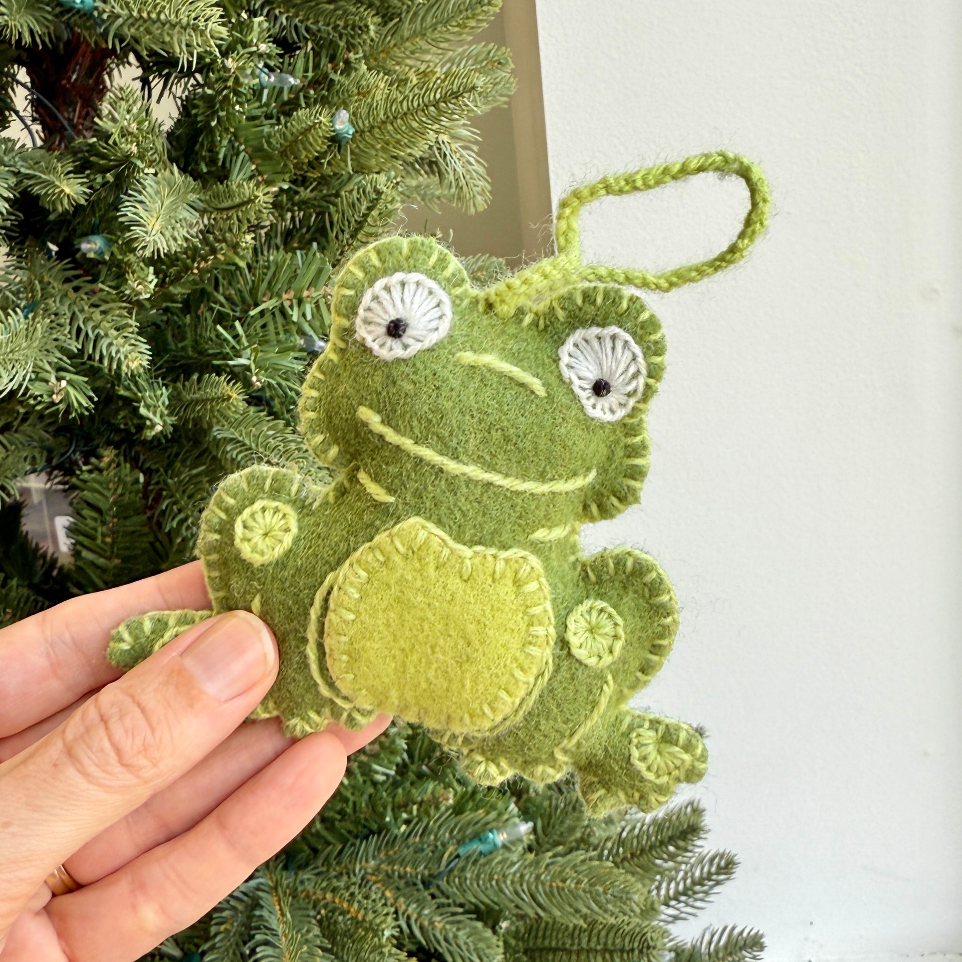 Frog Ornament, Embroidered Wool