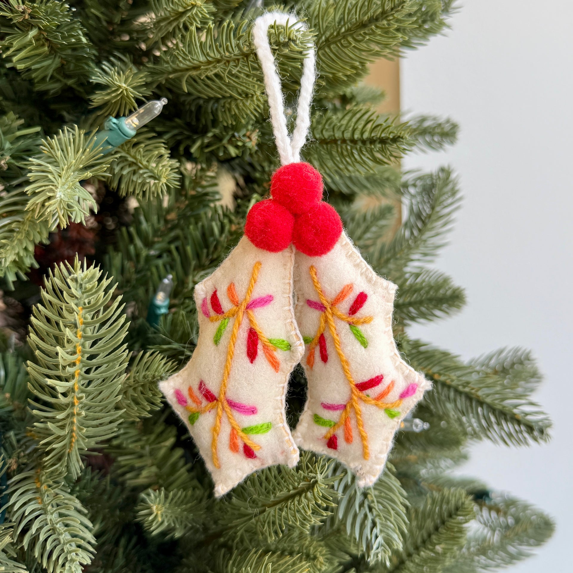 Holly with Red Berries Ornament, Embroidered Wool