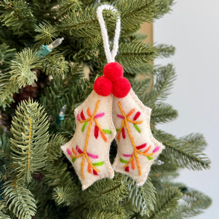 Holly with Red Berries Ornament, Embroidered Wool