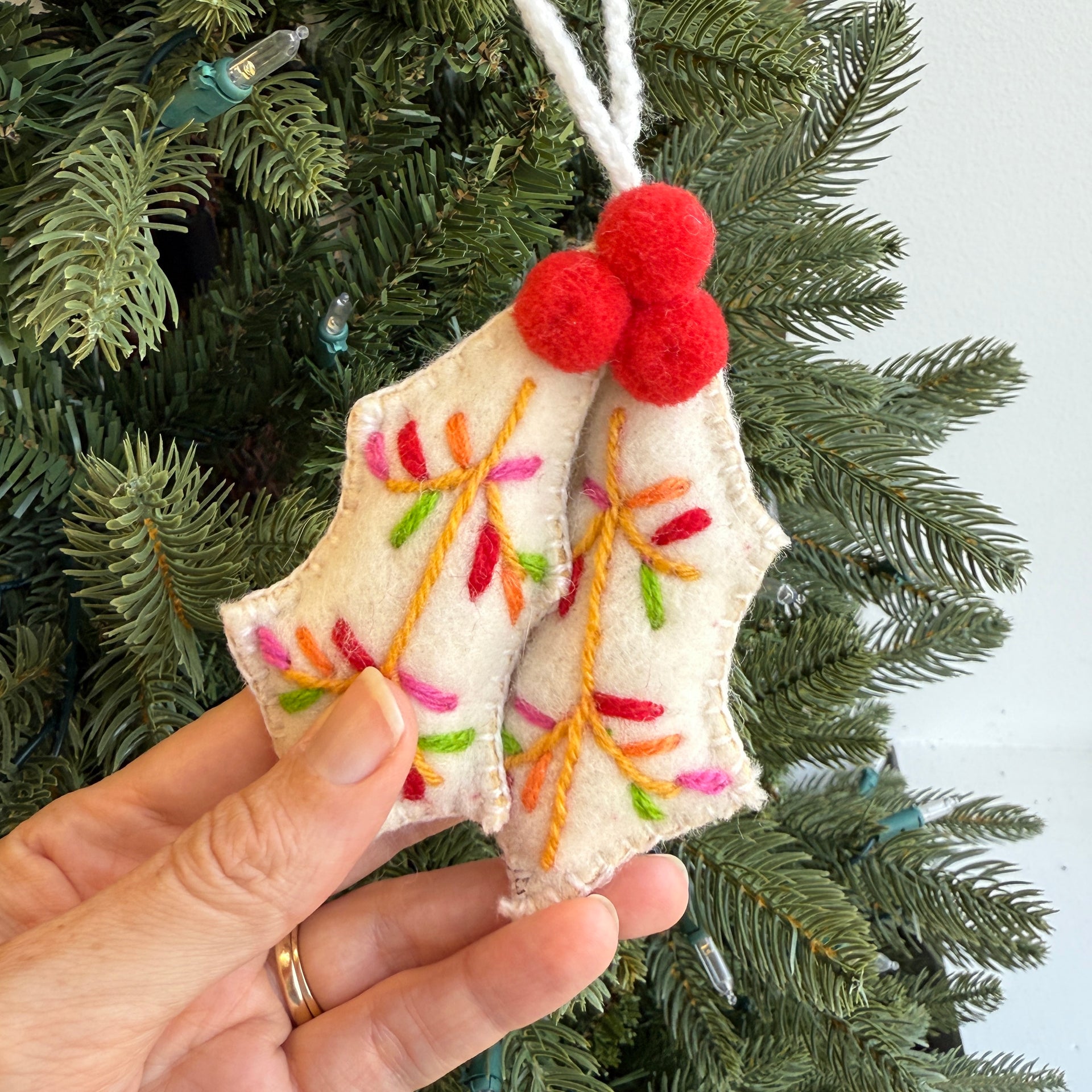 Holly with Red Berries Ornament, Embroidered Wool