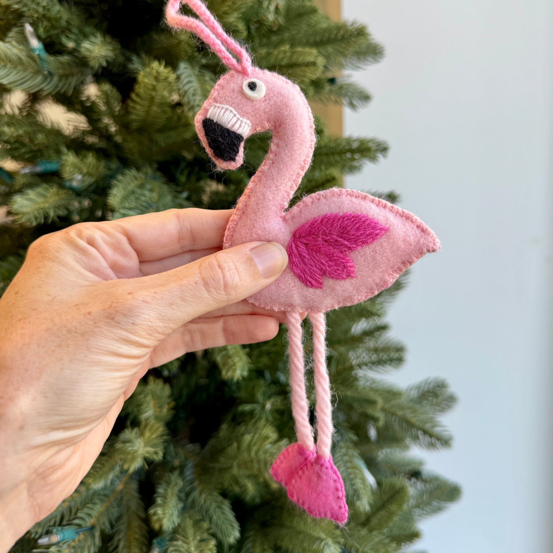Flamingo Ornament, Embroidered Wool