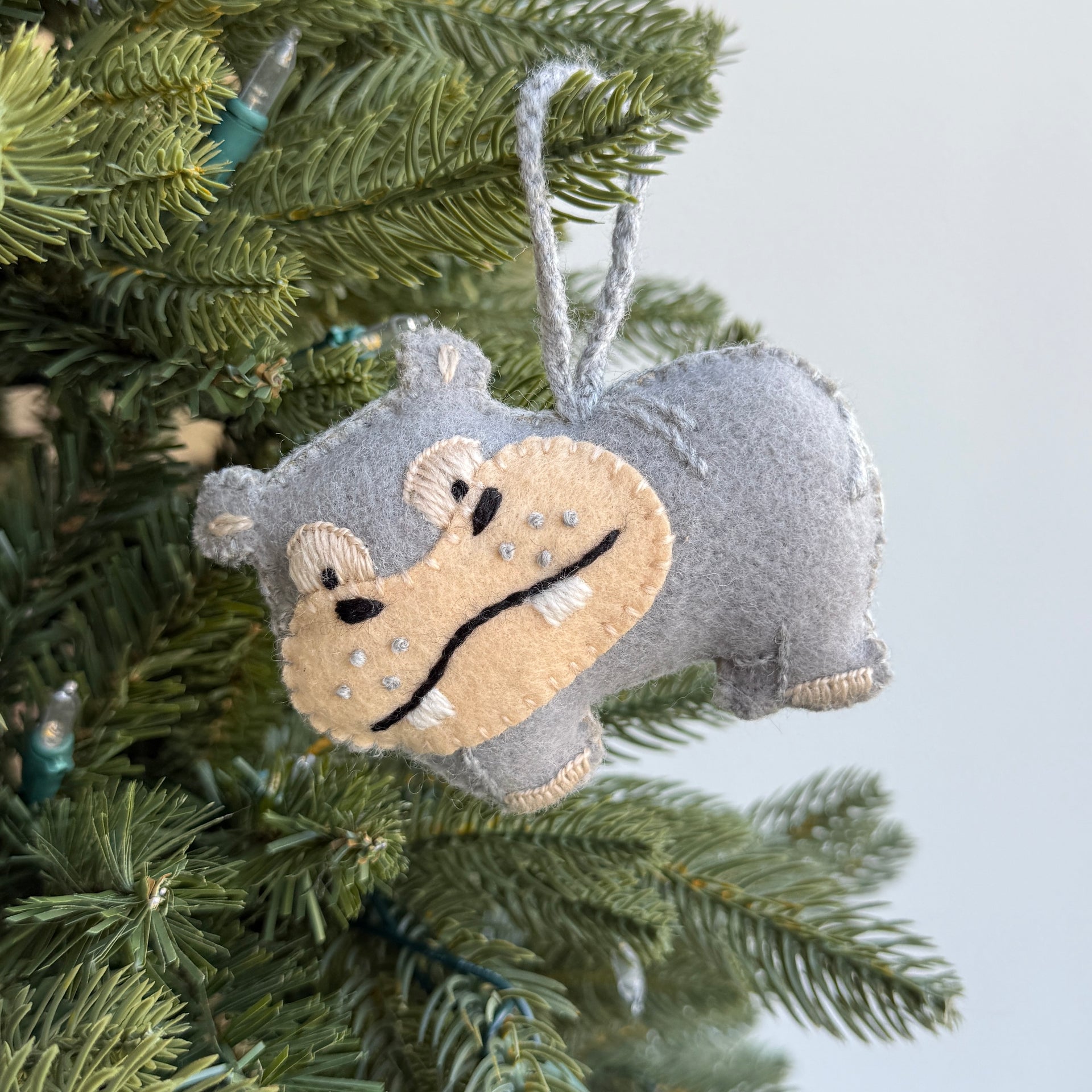 Hippo Ornament, Embroidered Wool