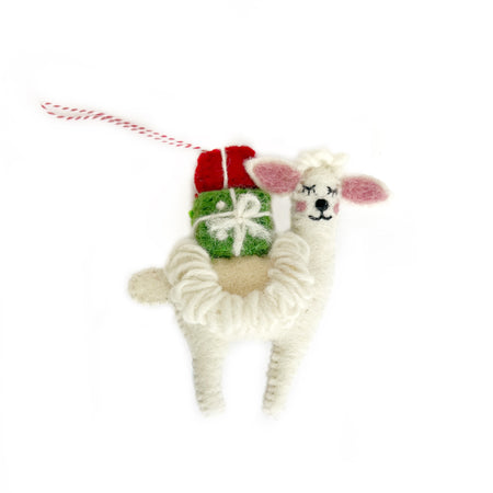 Llama with Presents Ornament, Felt Wool