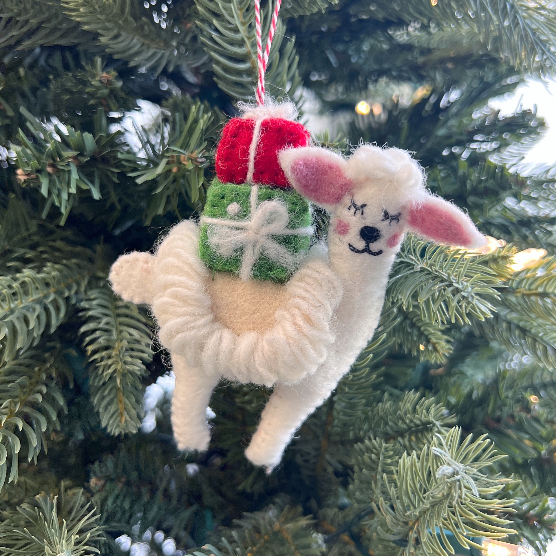 Llama with Presents Ornament, Felt Wool