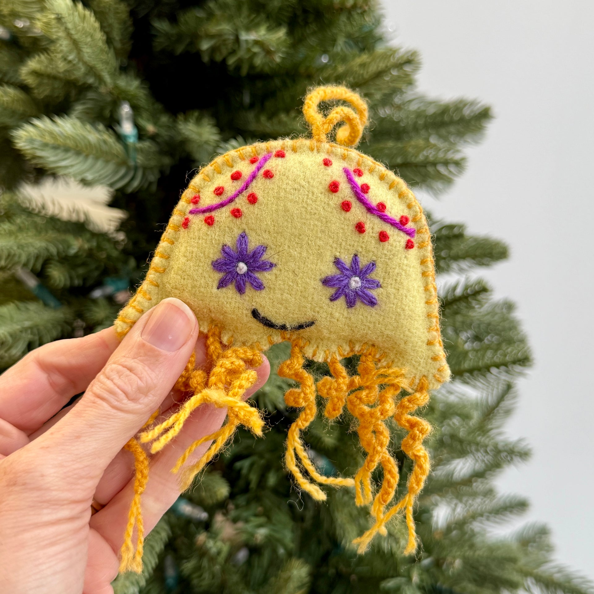 Jellyfish Ornament, Embroidered Wool