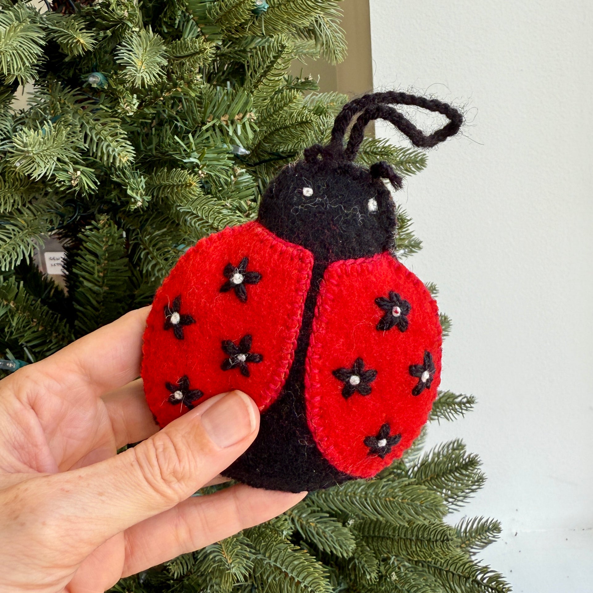 Ladybug Ornament, Embroidered Wool