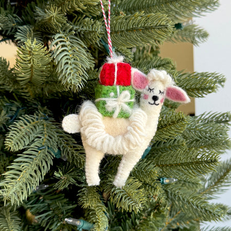 Llama with Presents Ornament, Felt Wool