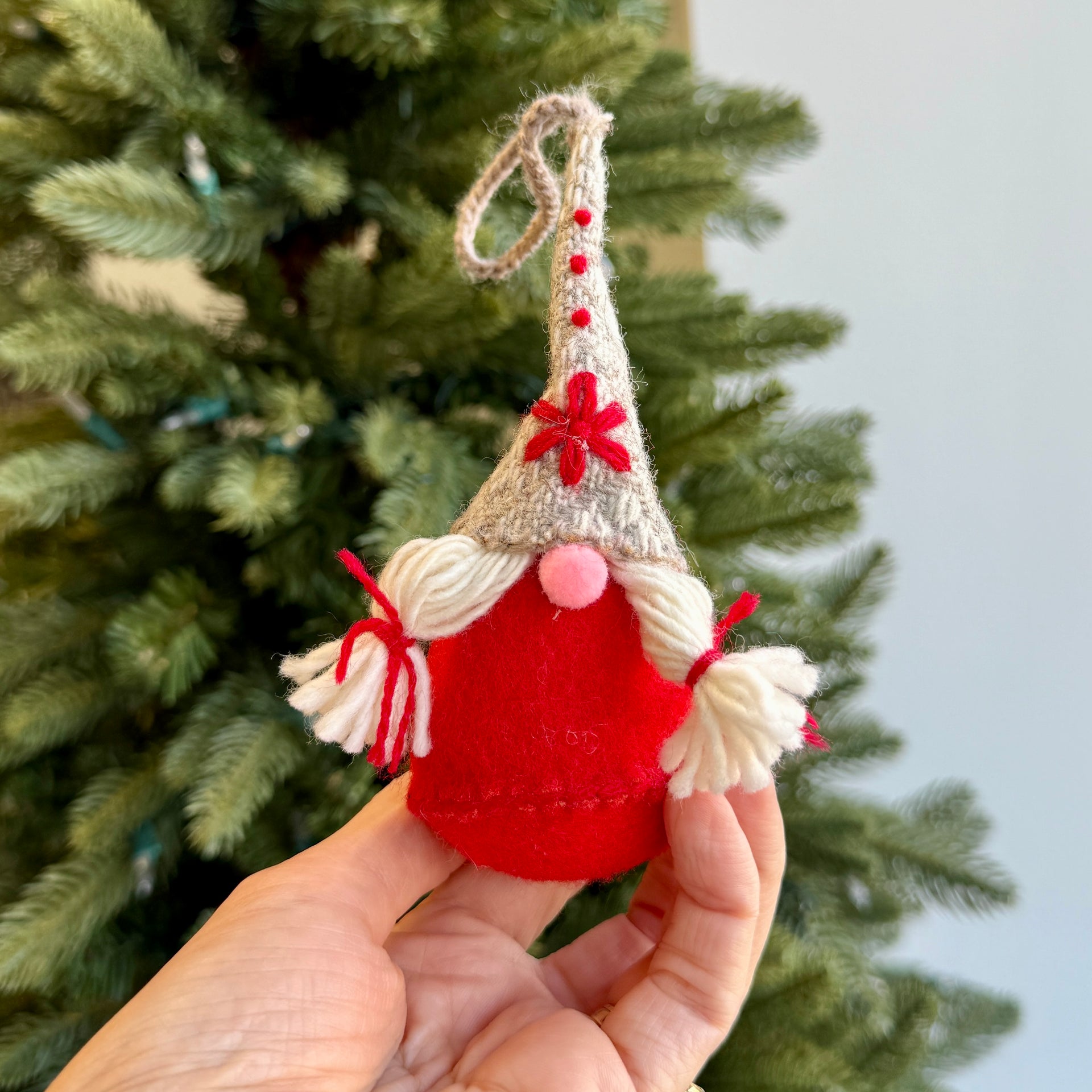 Gnome Woman Ornament, Embroidered Wool