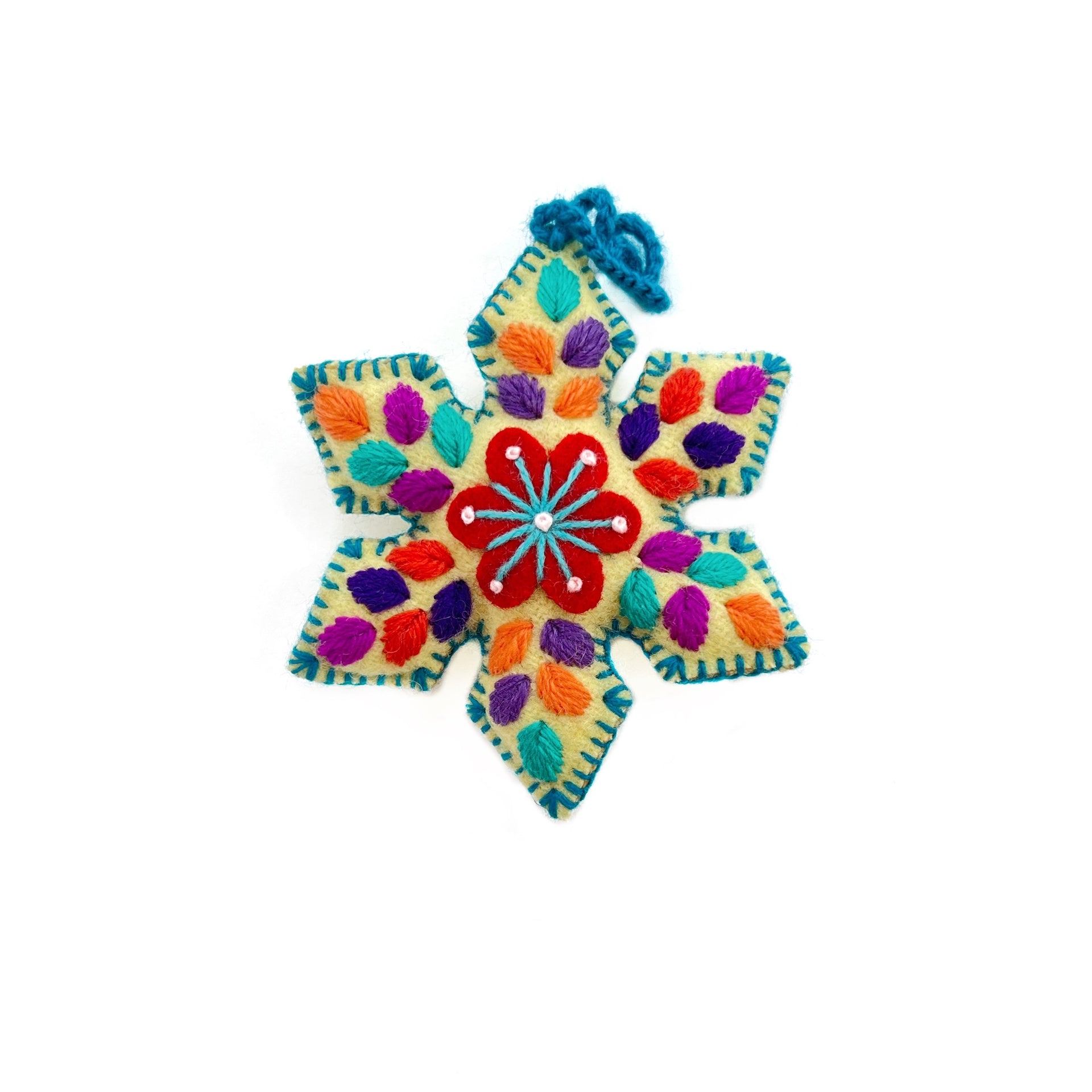 Colorful Snowflake Ornament, Multicolor Embroidered Wool