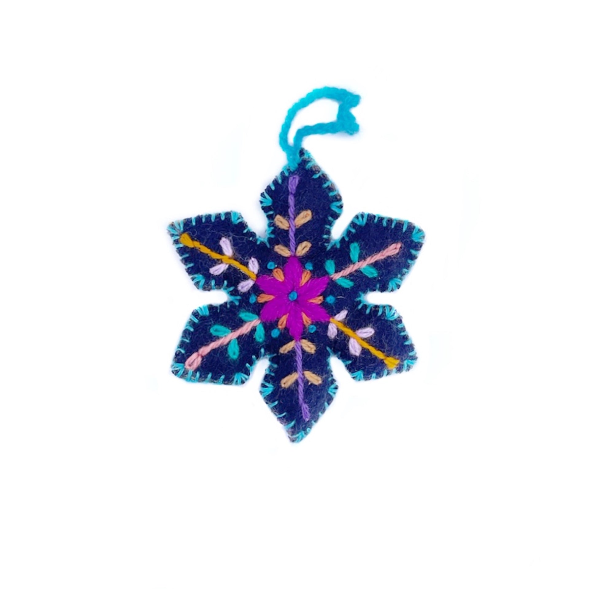 Colorful Snowflake Ornament, Multicolor Embroidered Wool