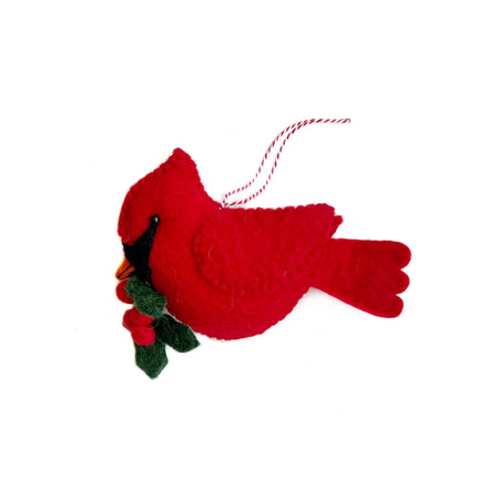 Large Cardinal with Holly Ornament, Felt Wool