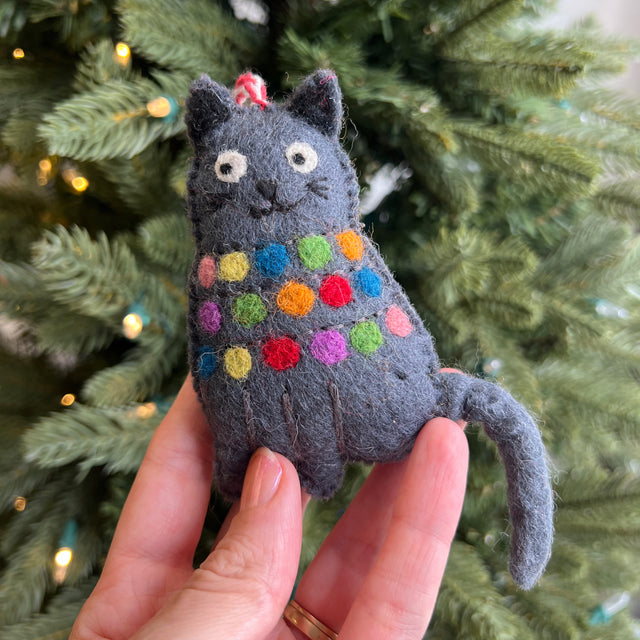 Cat Tangled in Lights Ornament, Felt Wool