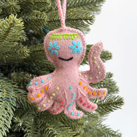 Octopus Ornament, Embroidered Wool
