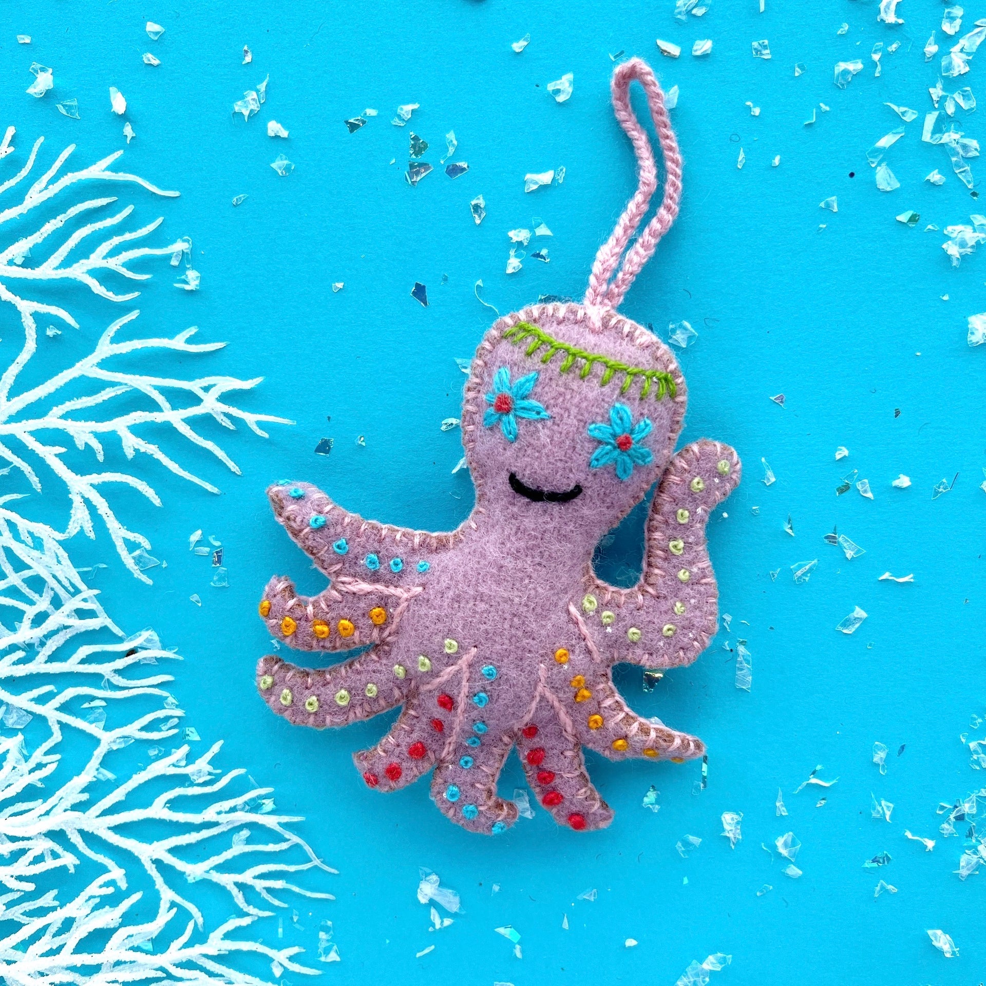 Octopus Ornament, Embroidered Wool