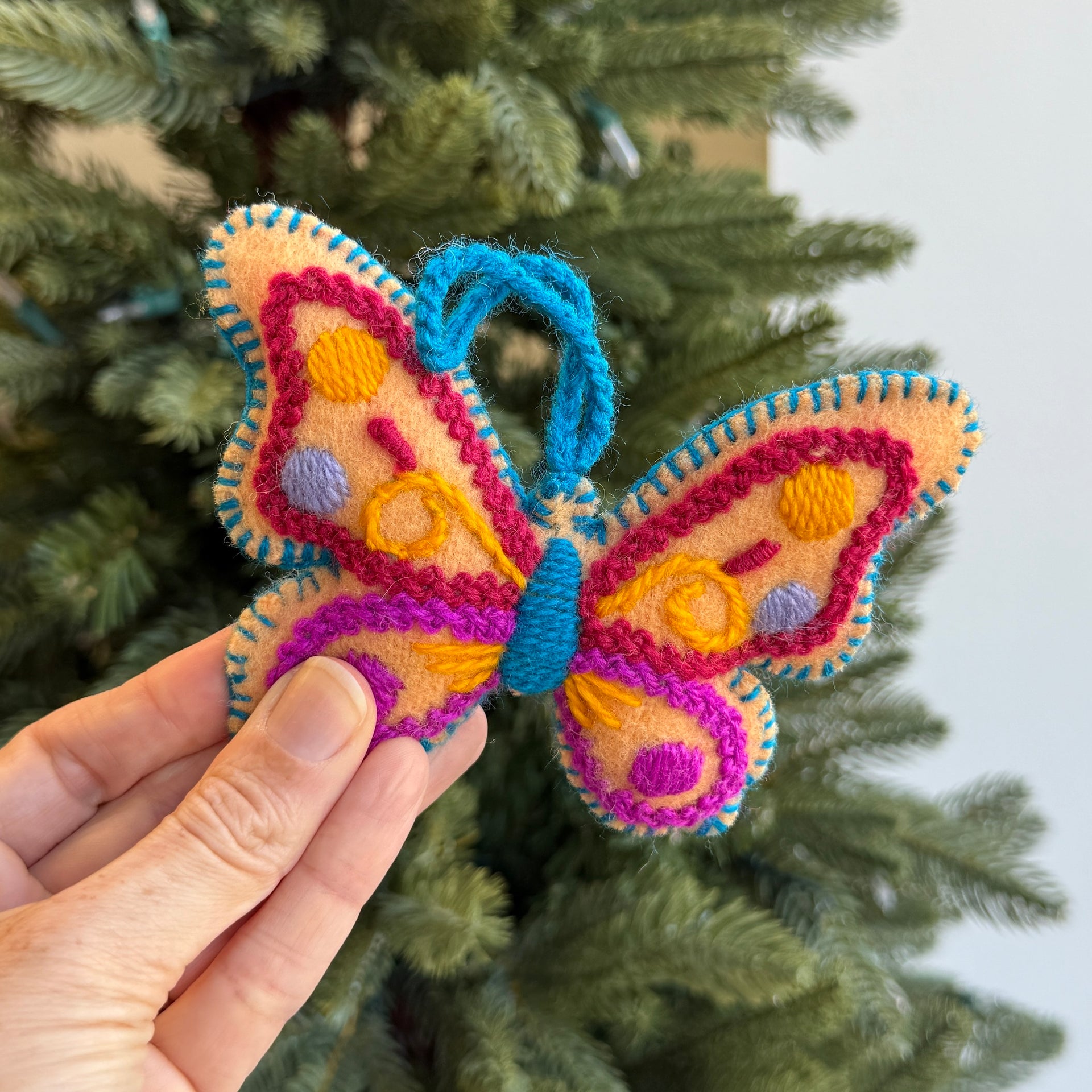 Colorful Butterfly Ornament, Embroidered Wool