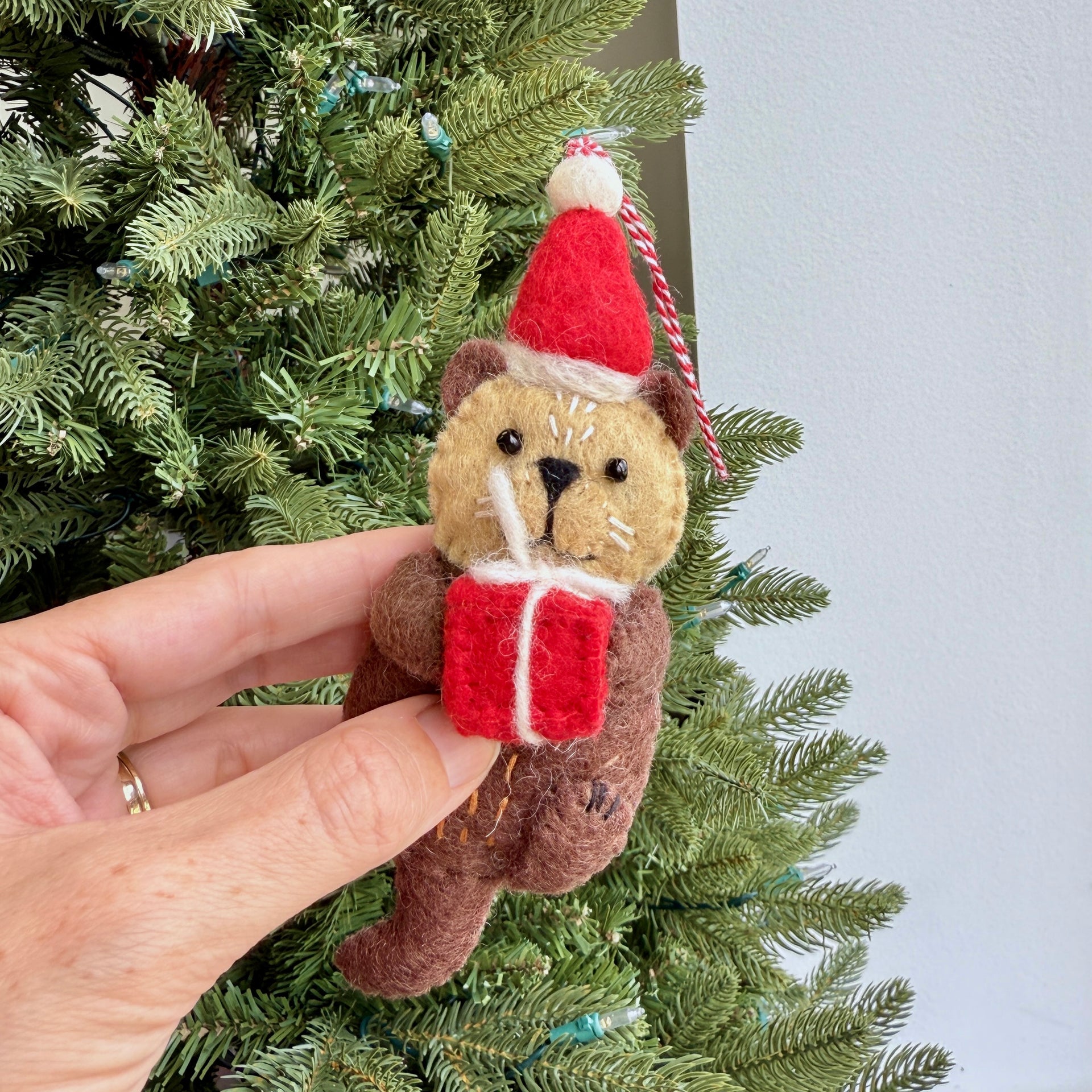 Sea Otter in Santa Hat Ornament, Felt Wool