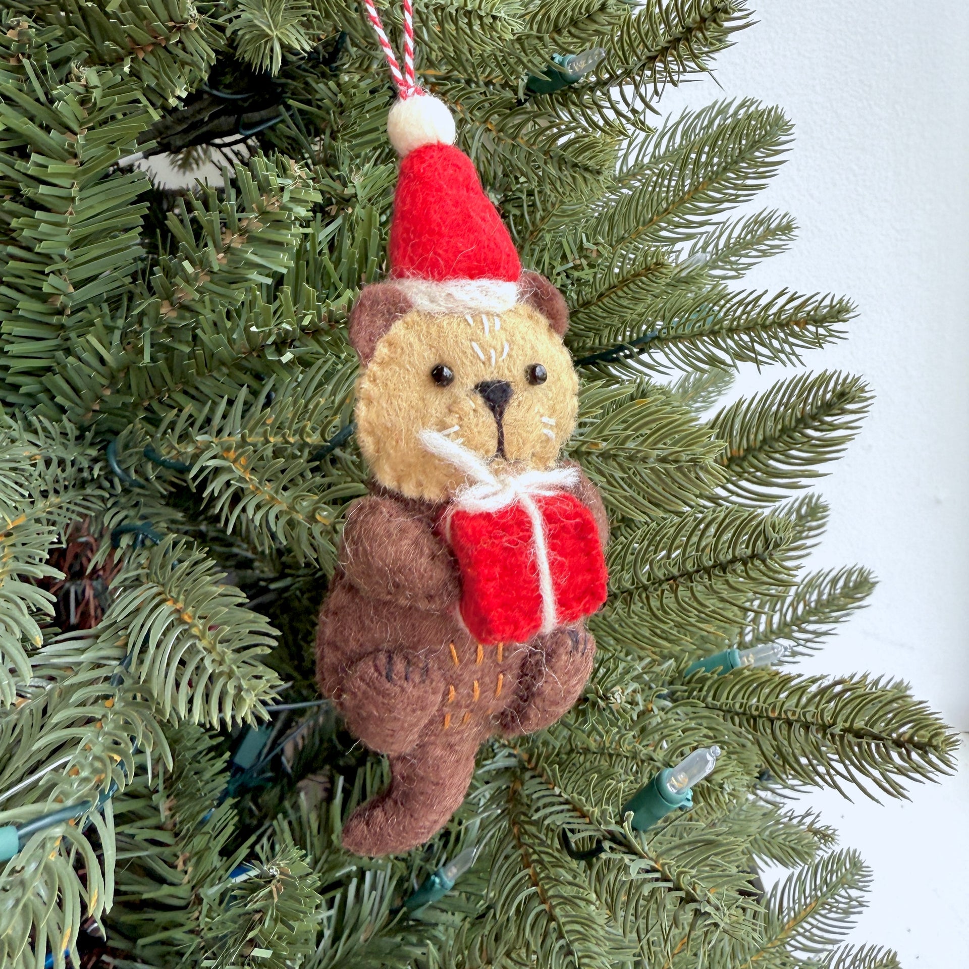 Sea Otter in Santa Hat Ornament, Felt Wool