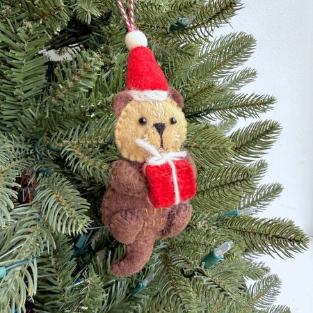 Sea Otter in Santa Hat Ornament, Felt Wool