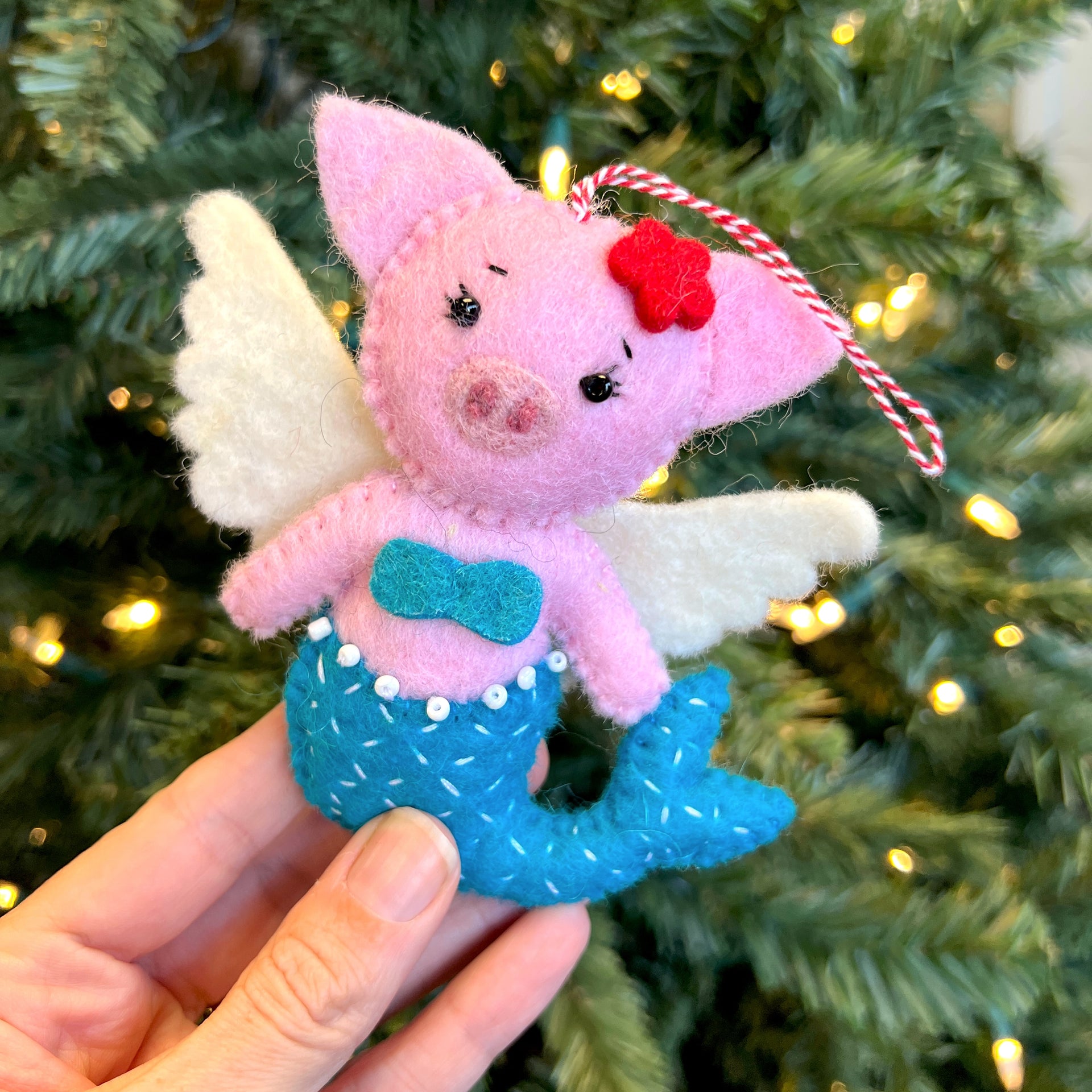 Mermaid Pig Angel Ornament, Felt Wool