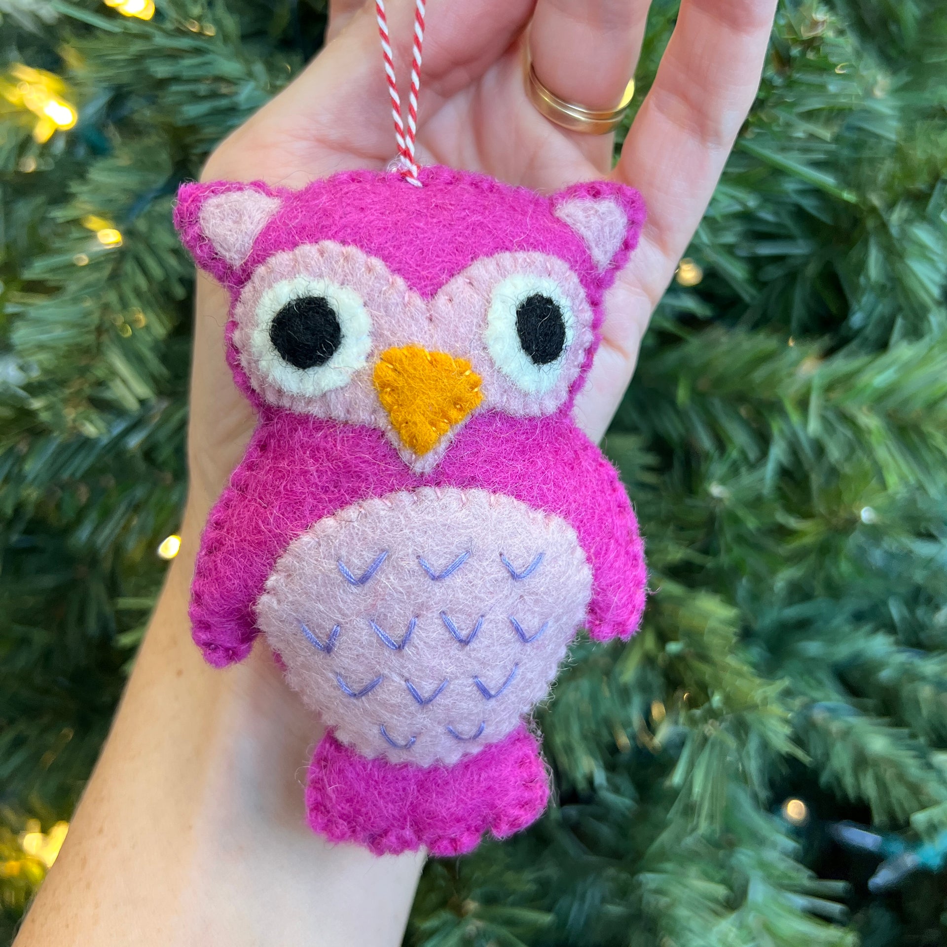 Pink Owl Ornament, Felt Wool