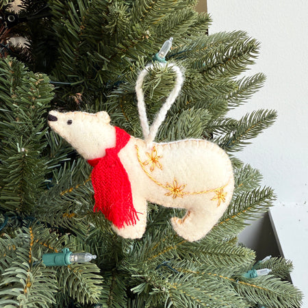 Polar Bear Ornament, Embroidered Wool