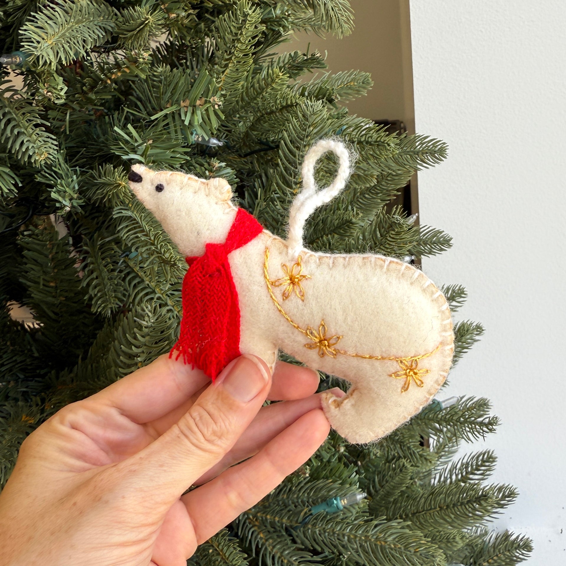 Polar Bear Ornament, Embroidered Wool