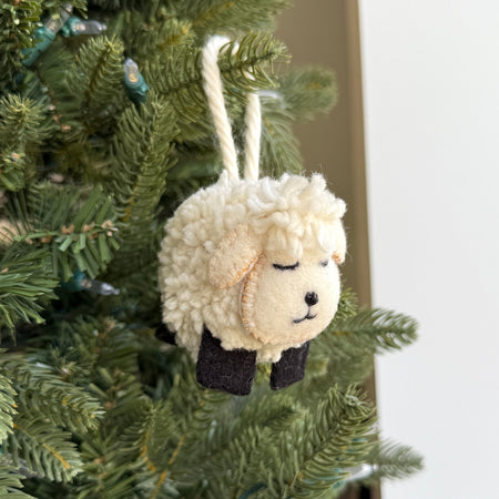 Pom Pom Sheep Ornament, Embroidered Wool