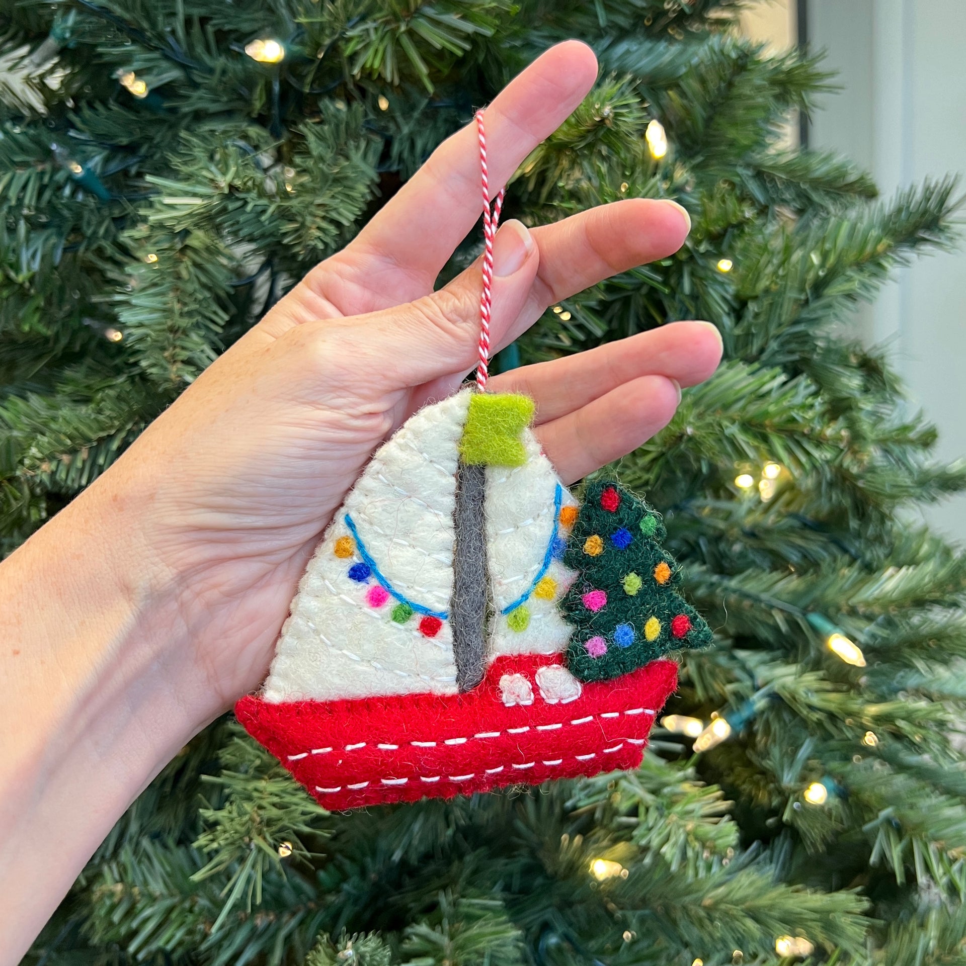 Sailboat with Christmas Tree Ornament, Felt Wool