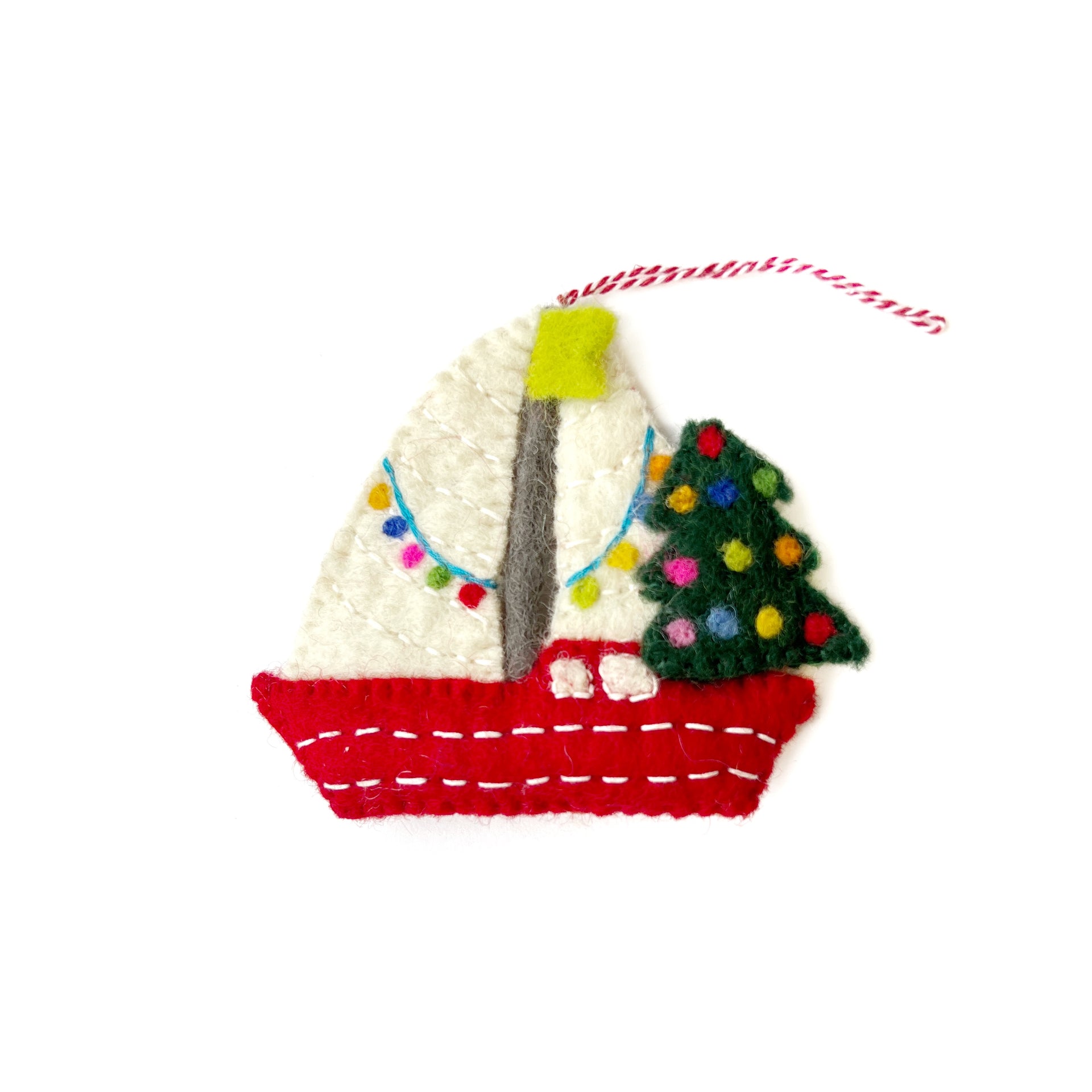 Sailboat with Christmas Tree Ornament, Felt Wool