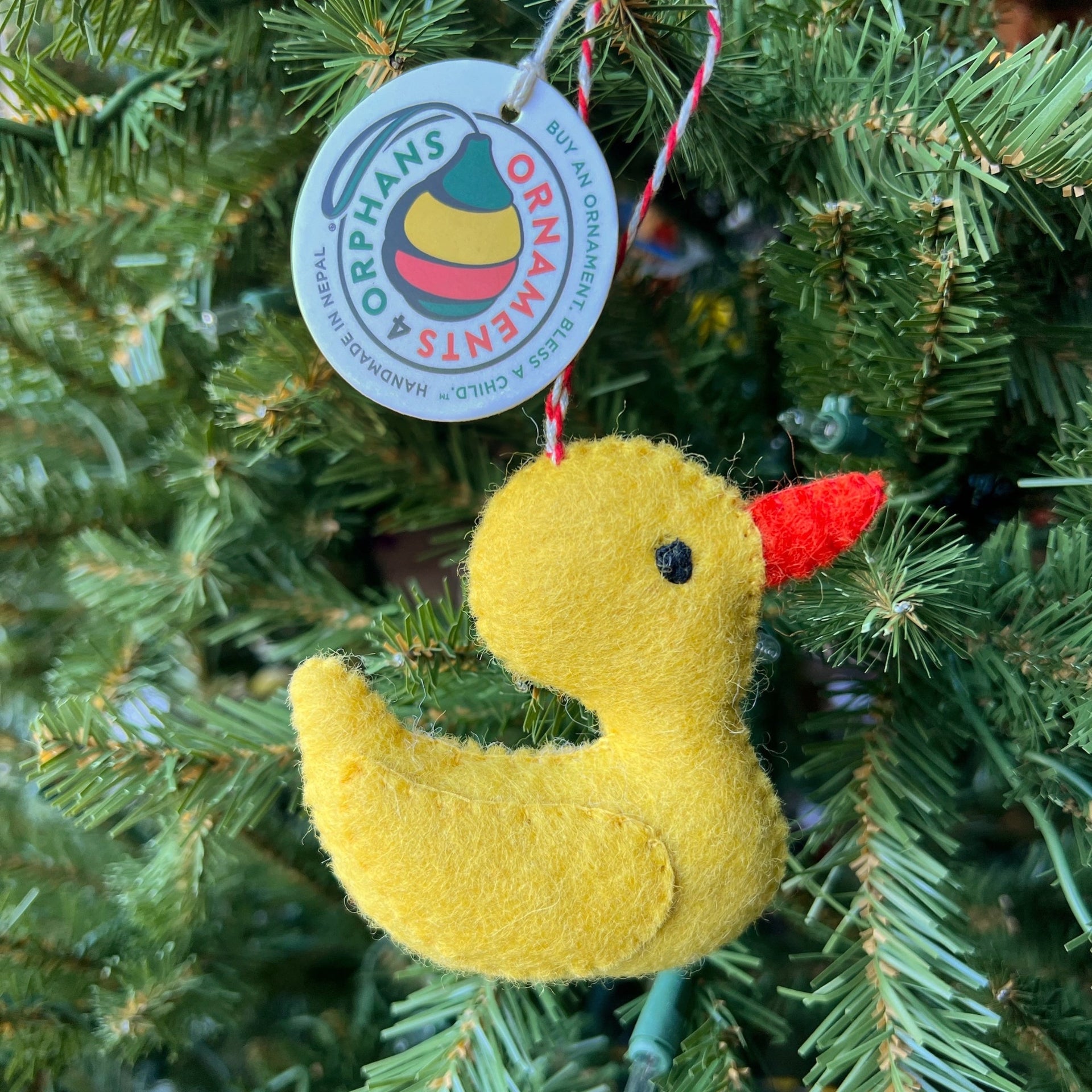 felt rubber duck ornament on Christmas tree
