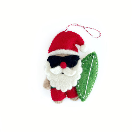 Santa with Surfboard Ornament, Felt Wool