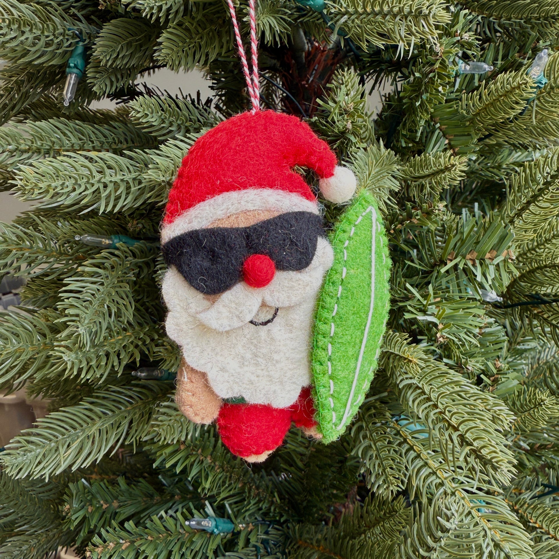 Santa with Surfboard Ornament, Felt Wool