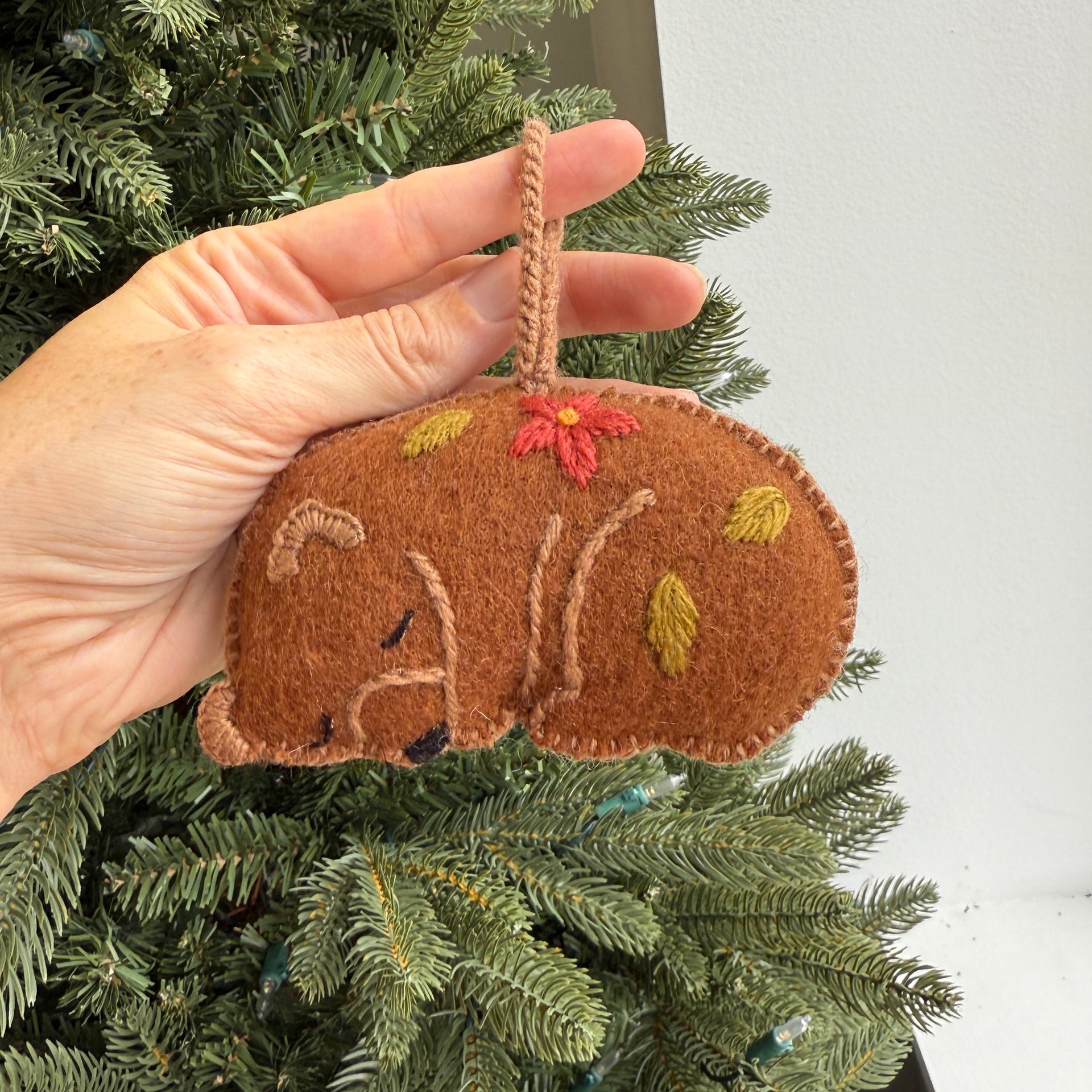 Sleeping Bear Ornament, Embroidered Wool