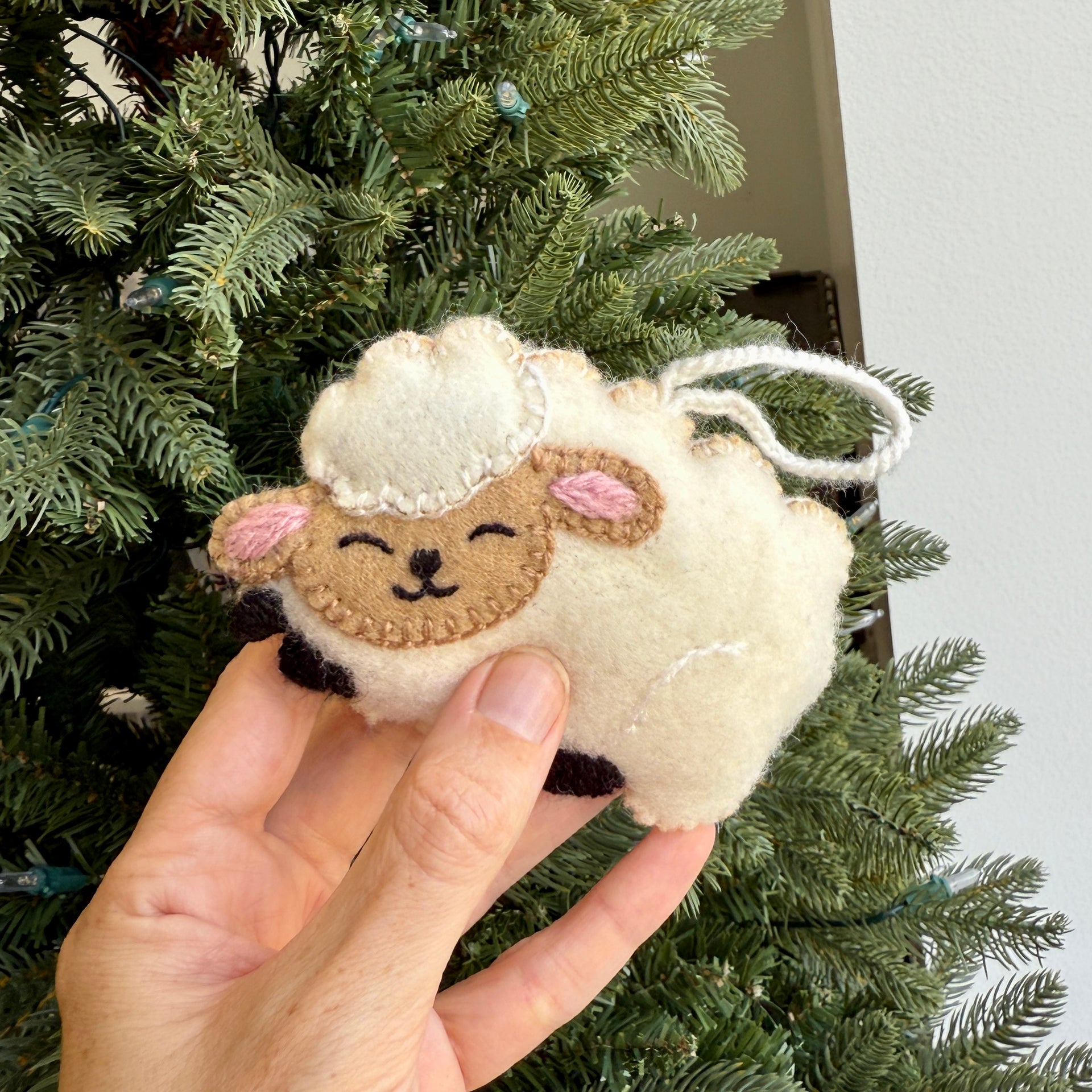 Sleeping Sheep Ornament, Embroidered Wool