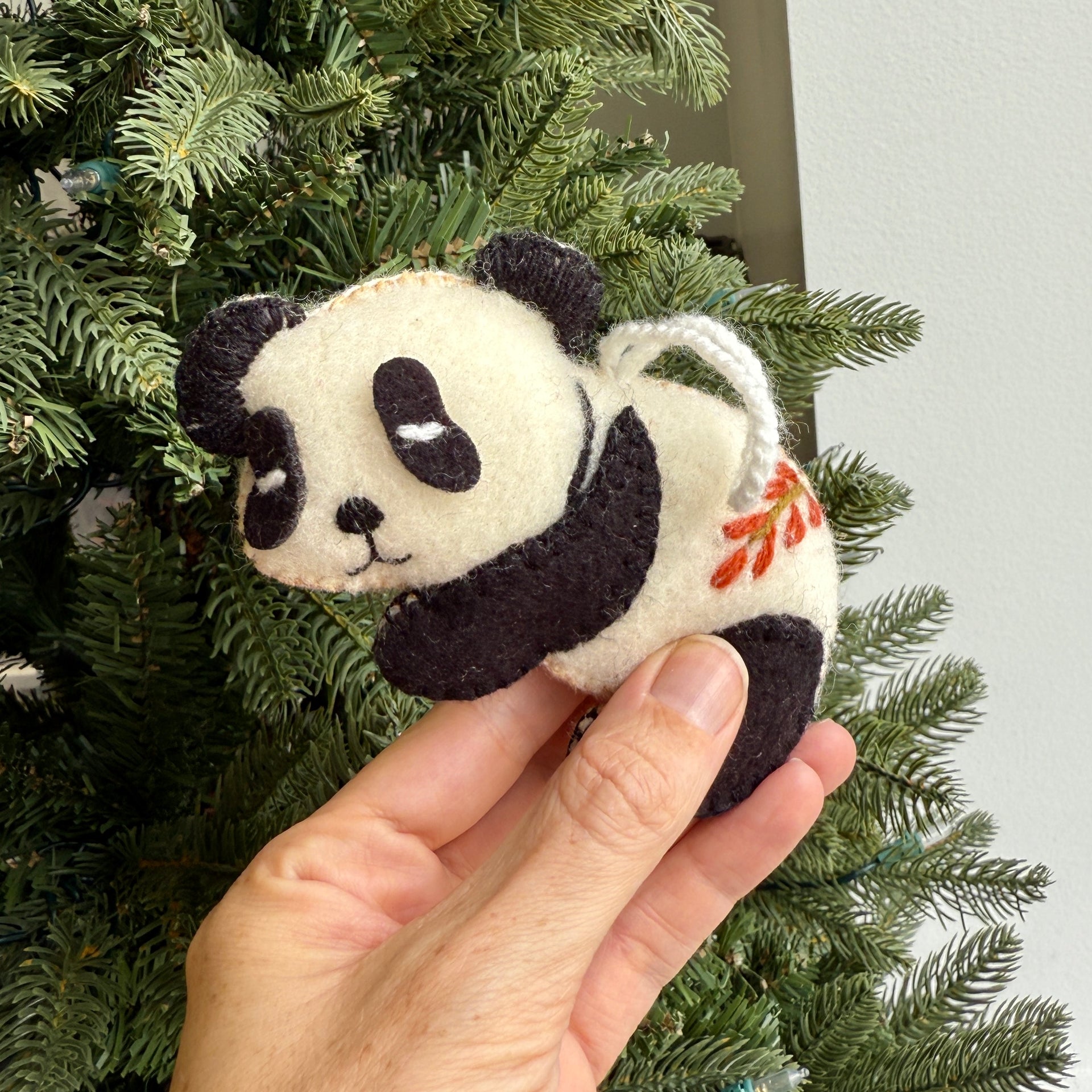 Sleeping Panda Ornament, Embroidered Wool