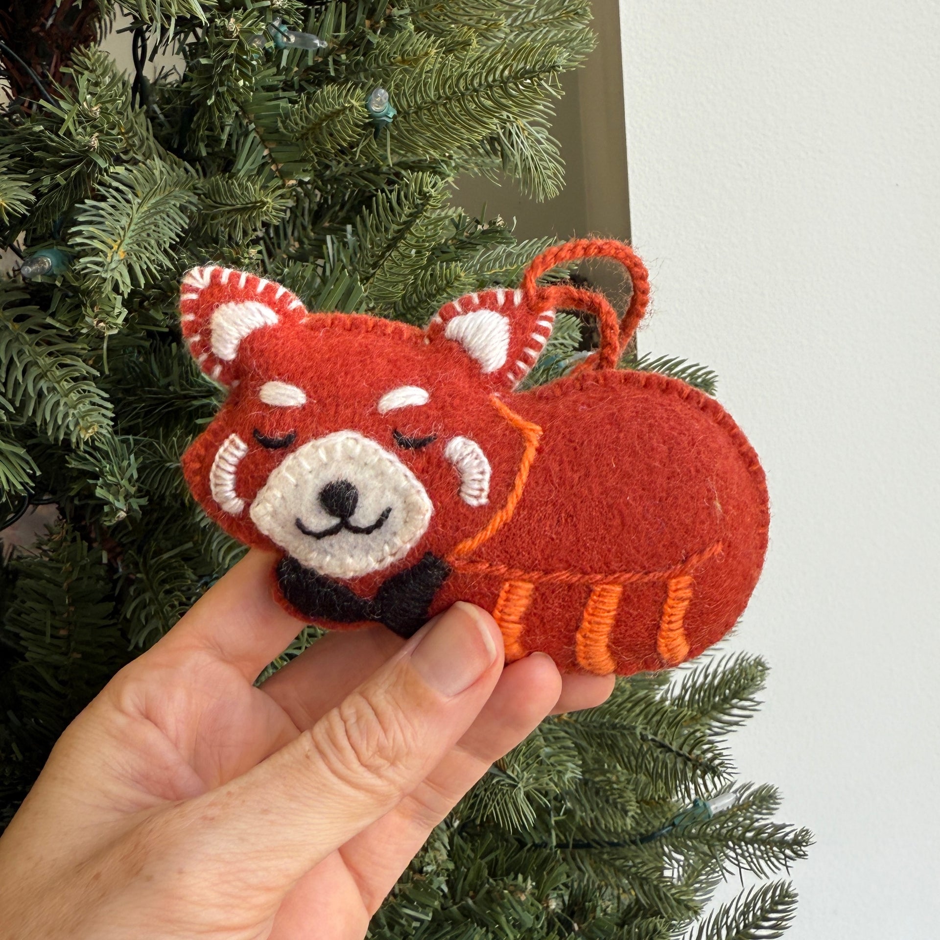 Sleeping Red Panda Ornament, Embroidered Wool