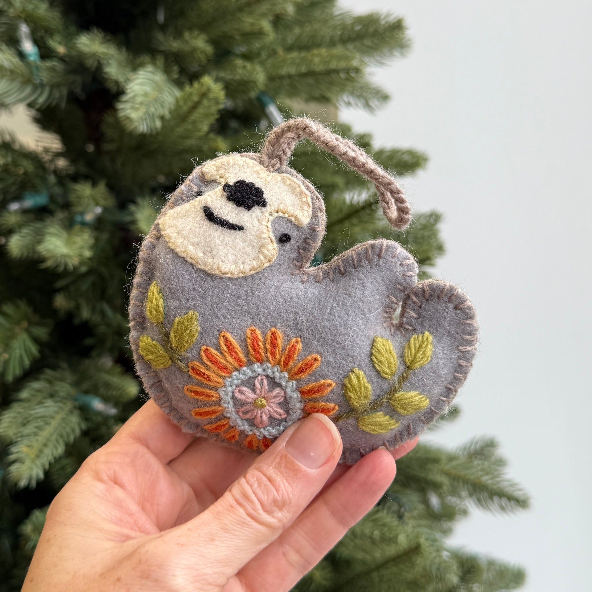 Sloth Ornament, Embroidered Wool