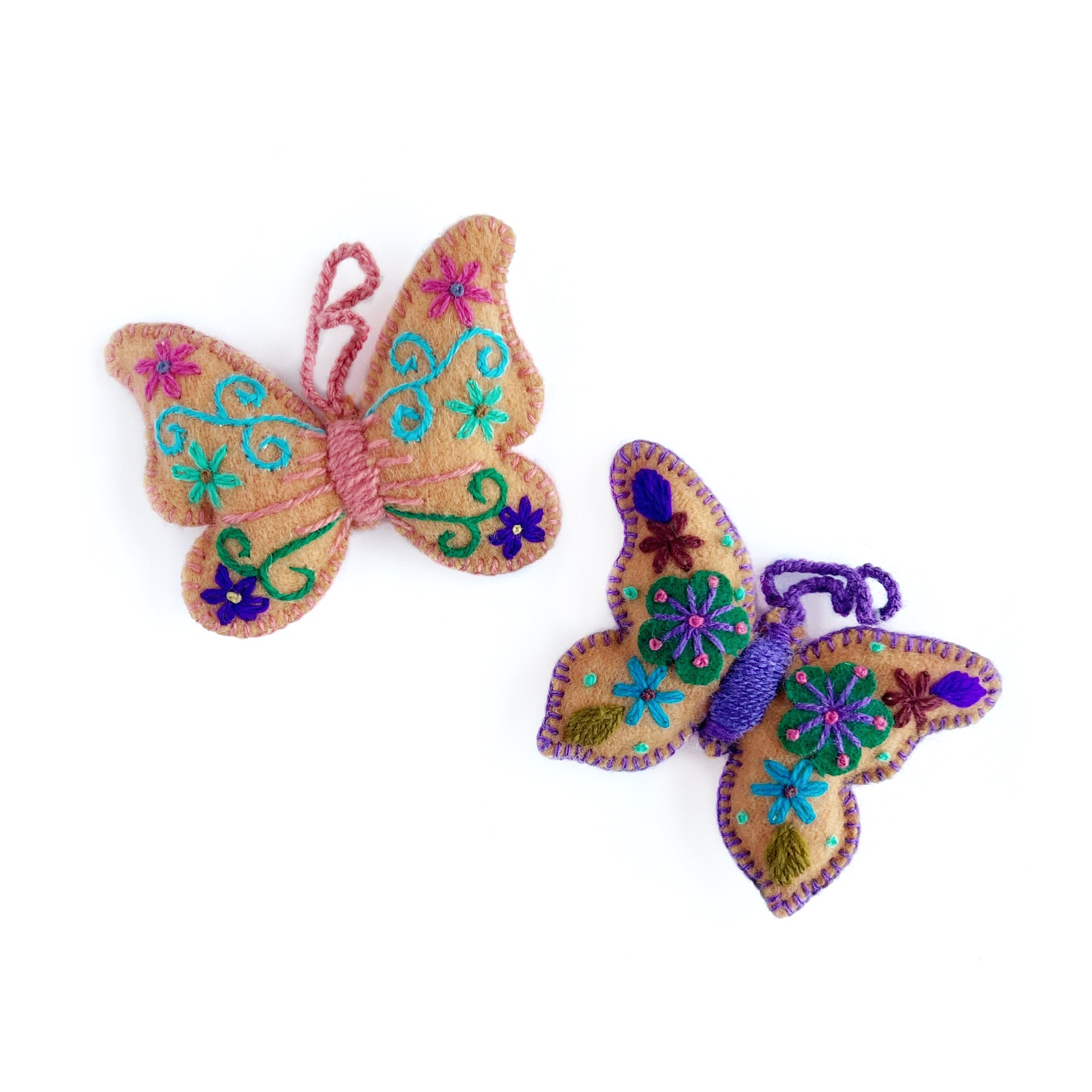 Colorful Butterfly Ornament, Embroidered Wool