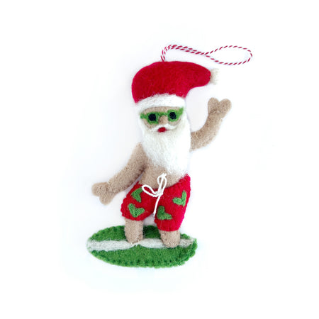Surfing Santa Ornament, Felt Wool