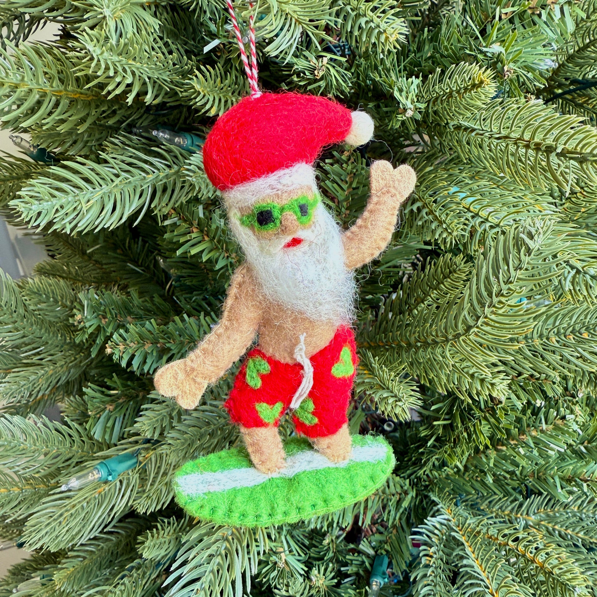 Surfing Santa Ornament, Felt Wool