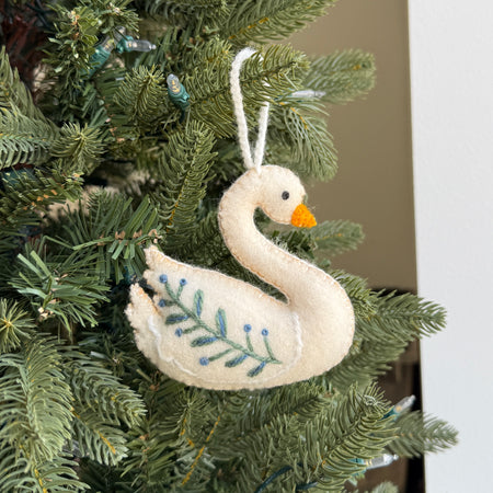 Swan with Branch Ornament, Embroidered Wool