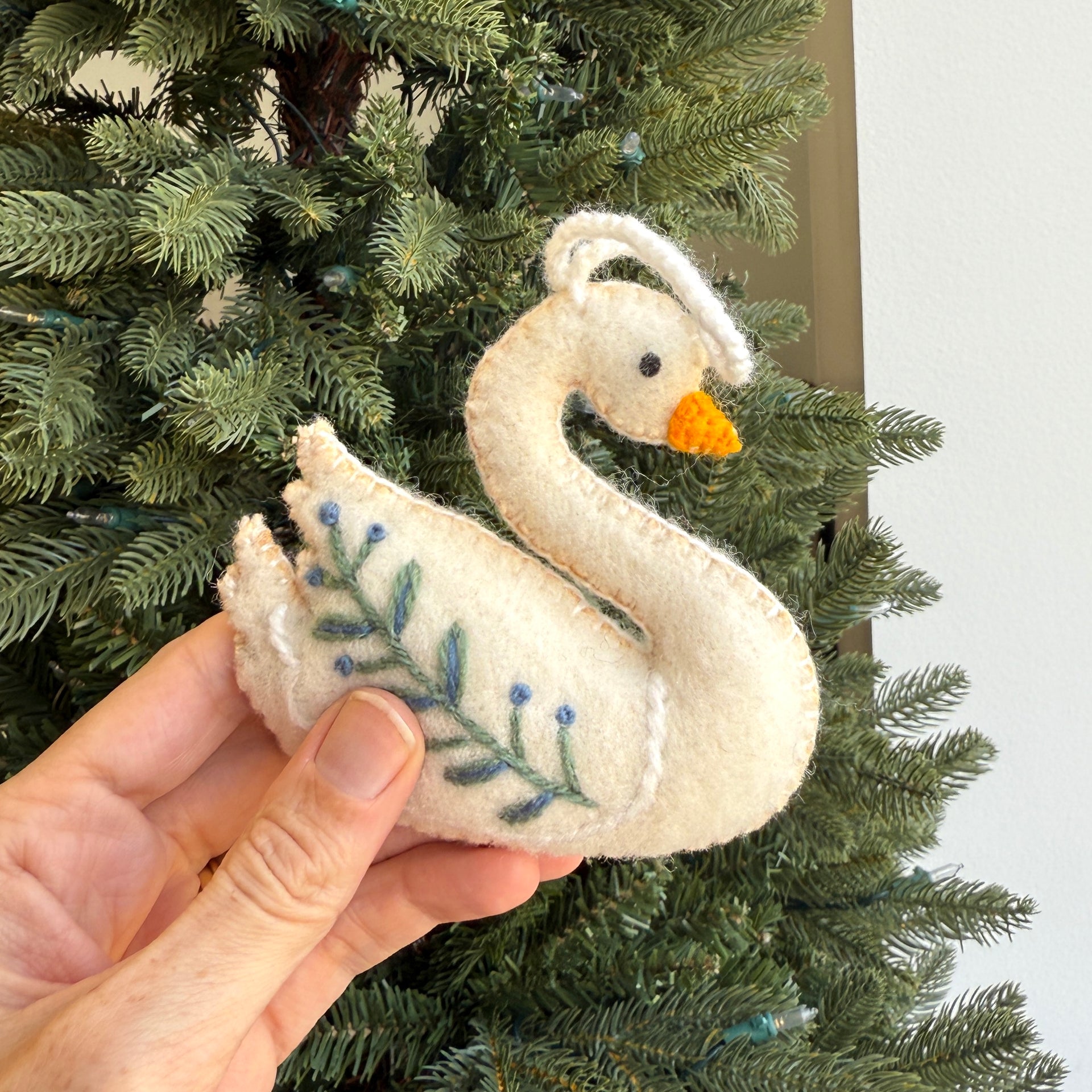 Swan with Branch Ornament, Embroidered Wool