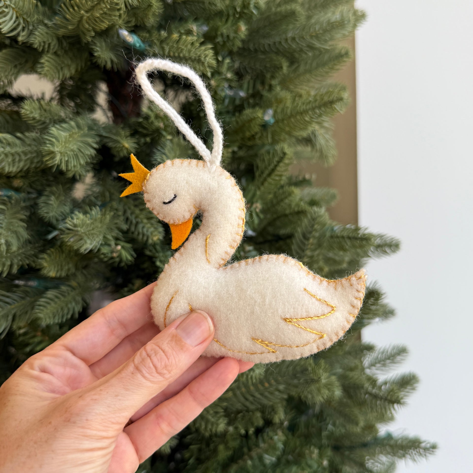 Swan with Crown Ornament, Embroidered Wool