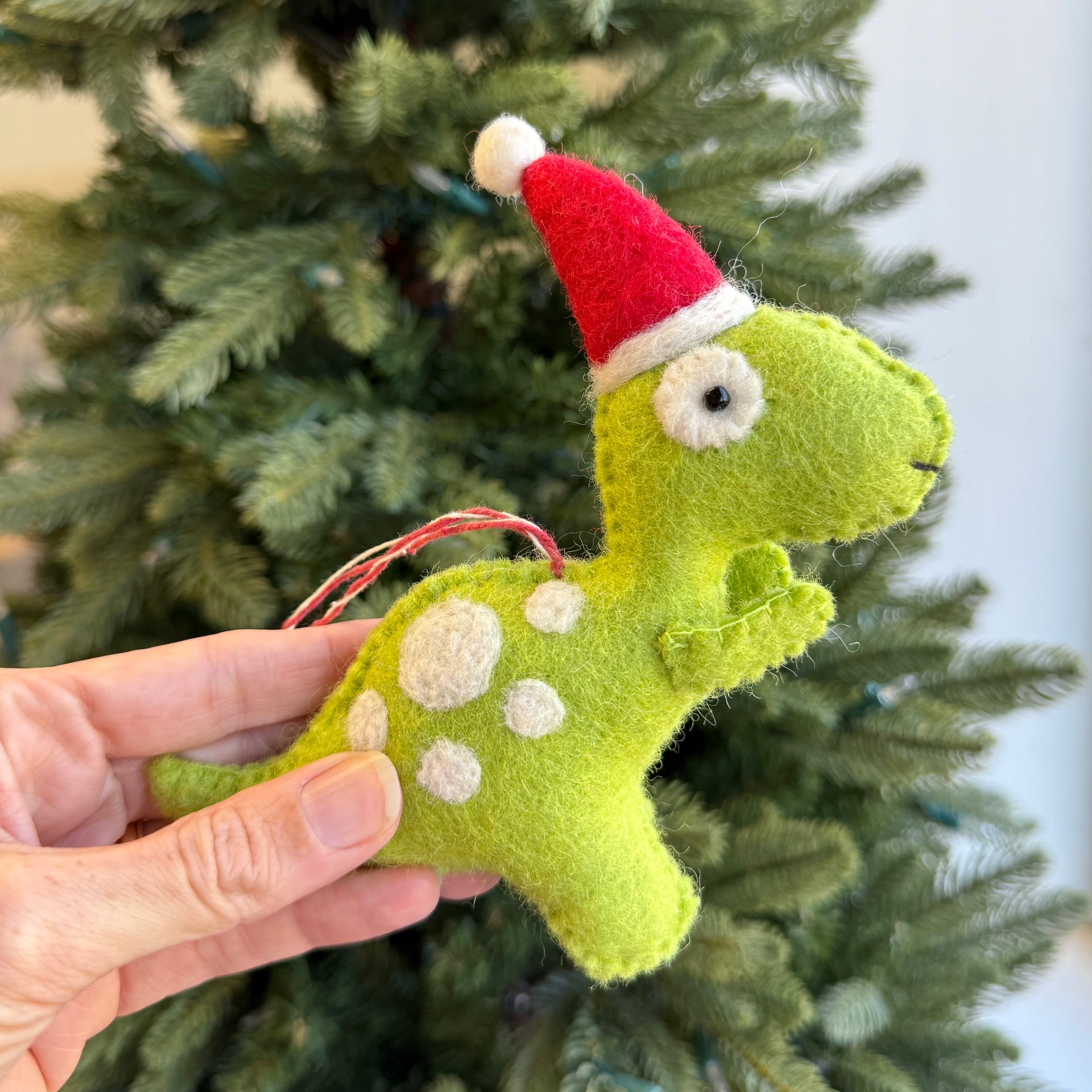 T-Rex Santa Hat Ornament, Felt Wool