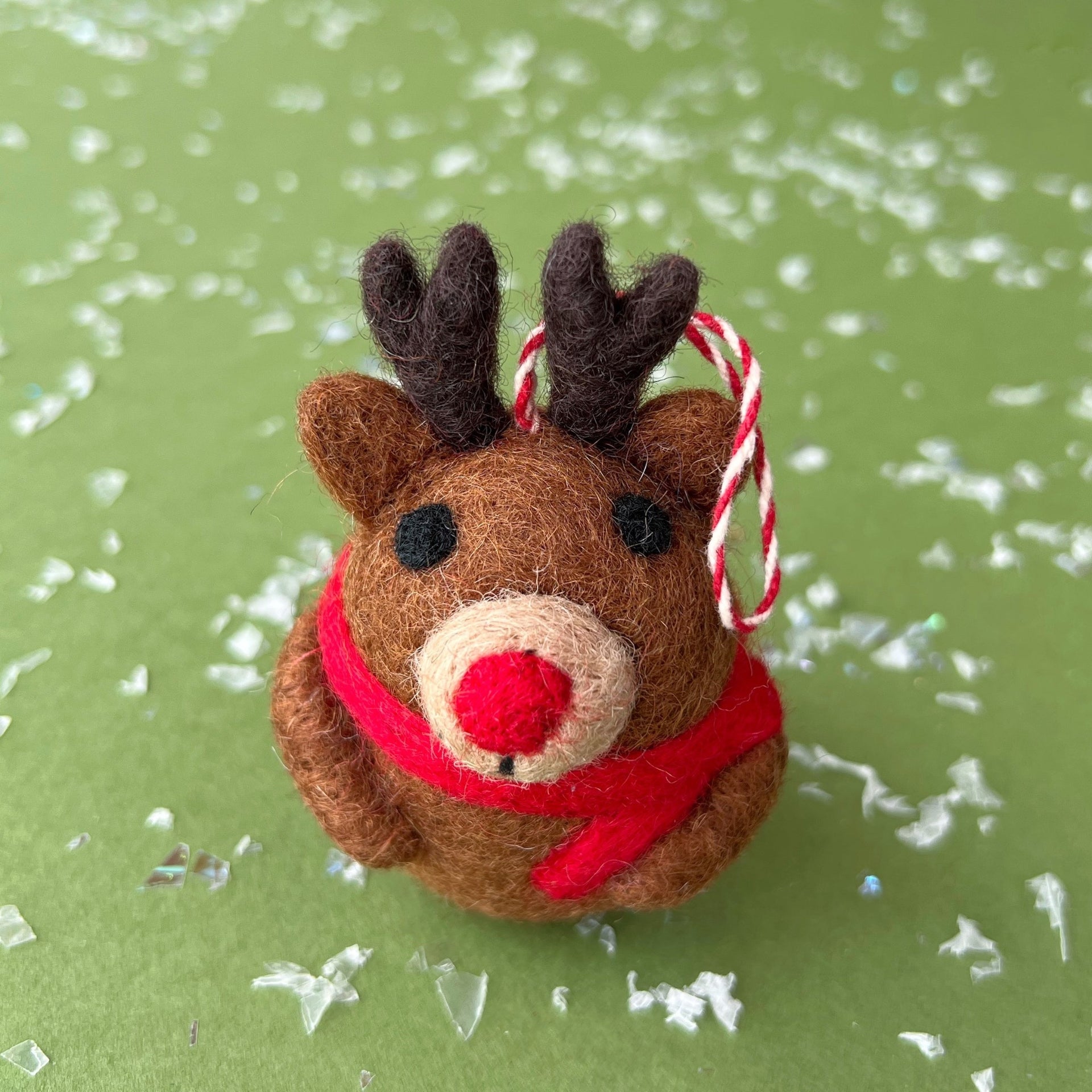 Tufted wool chubby reindeer Christmas ornament handmade in Nepal fair trade.