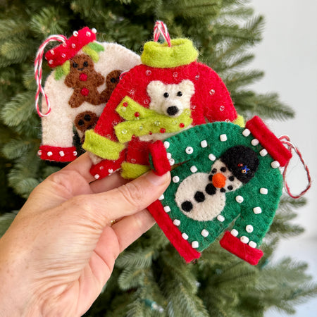 Ugly Christmas Sweater Ornament Trio, Felt Wool